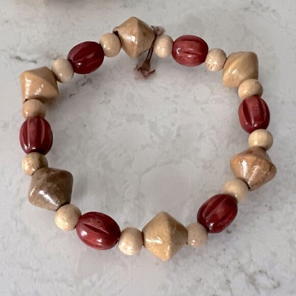 *3/$20* Boho wooden red, green and tan beaded bracelets- set of 3 - Picture 4 of 7